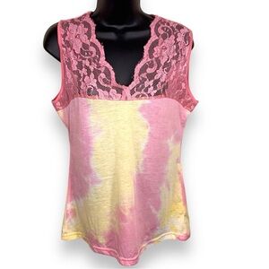 Size 12 Pink Yellow Tie Dye Top Lace Accent Sleeveless Stretch